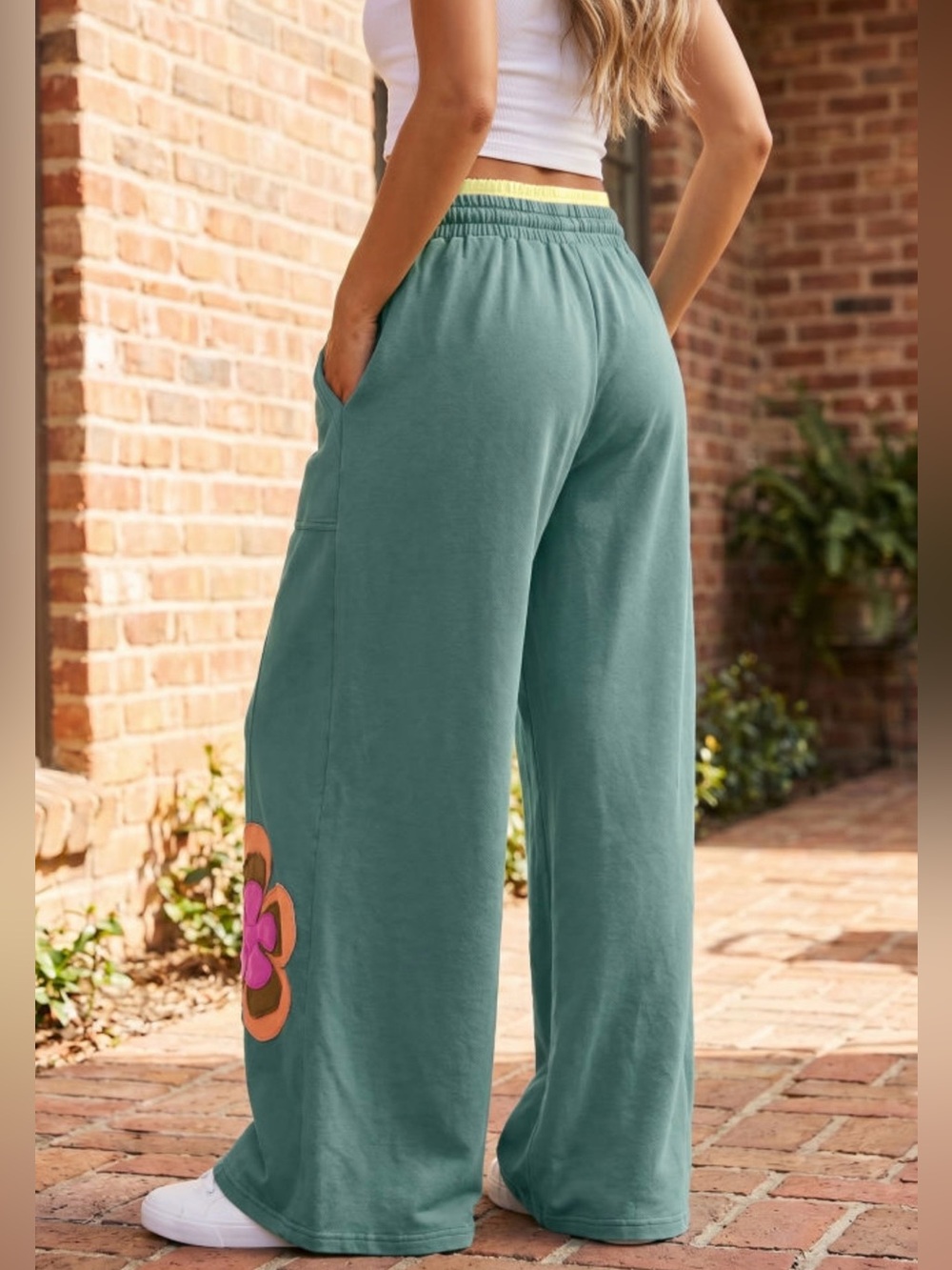 NWT! Wide Leg Floral Applique Pants - Teal! 🤩💕🌸 - Picture 2 of 11